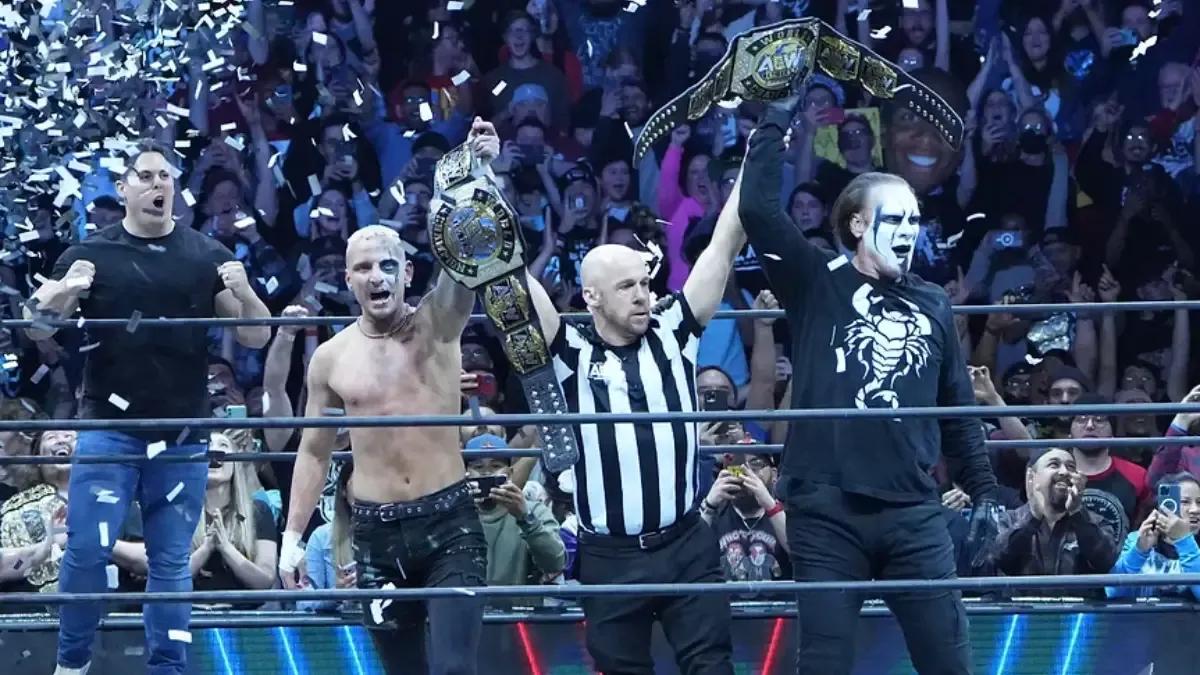Sting - Darby Allin win the tag titles February 2024.jpg
